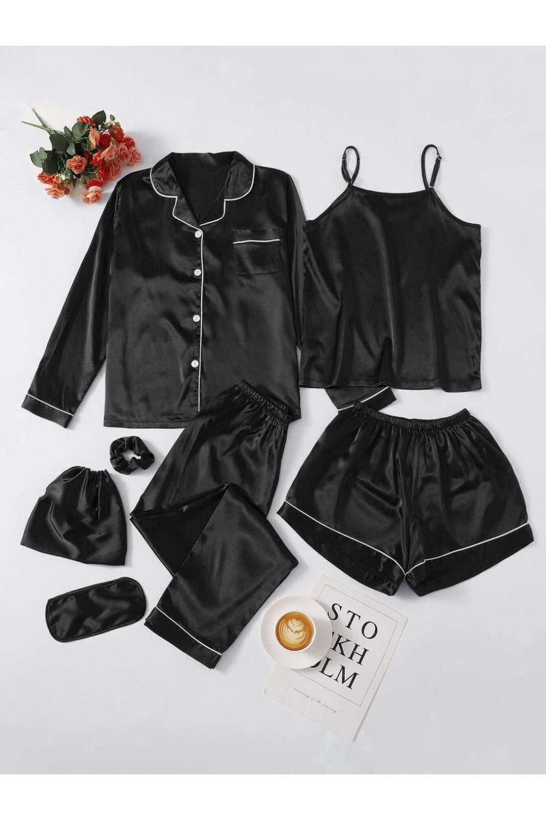 7PCs Silk Piping Night suit Black