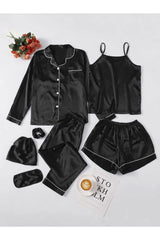 7PCs Silk Piping Night suit Black