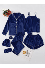 7PCs Silk Piping Night suit Blue